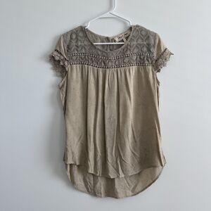 Sheryl Crow Crochet Lace Trim Boho Tunic Top Blouse Beige Fairy Summer Sz Medium